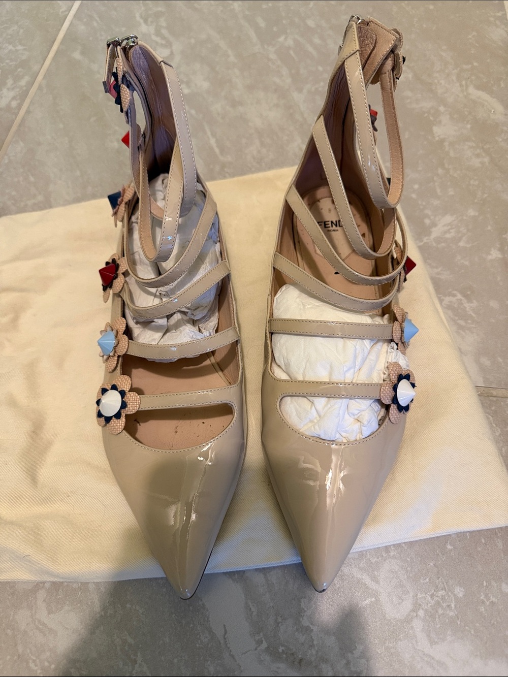 Beige Floral-Strap Pointed Toe Women's Flats